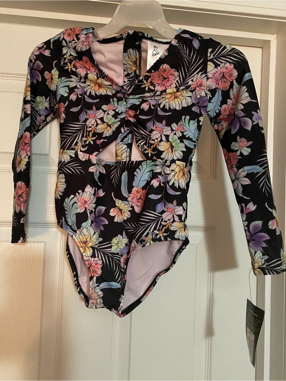 Black Floral Long-Sleeve Cutout One-Piece Swimsuit